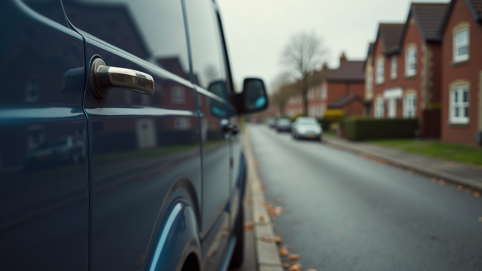 Eye-level view of a locksmith van parked near a residential street