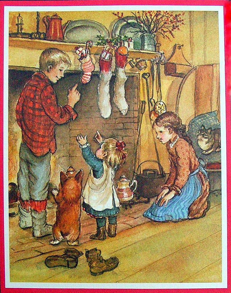 Vintage Postcard Christmas Tasha Tudor Corgis with Children