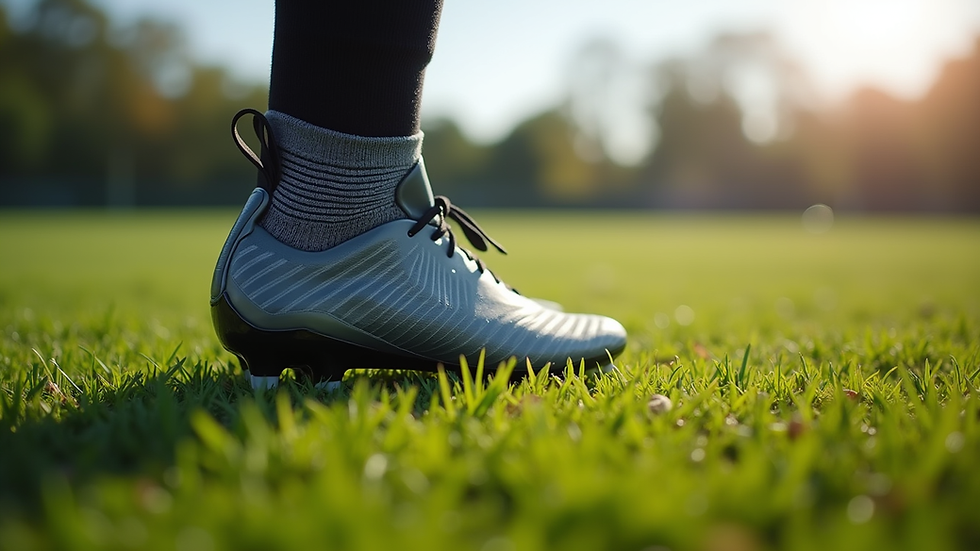 Close-up view of a football boot on a grass field