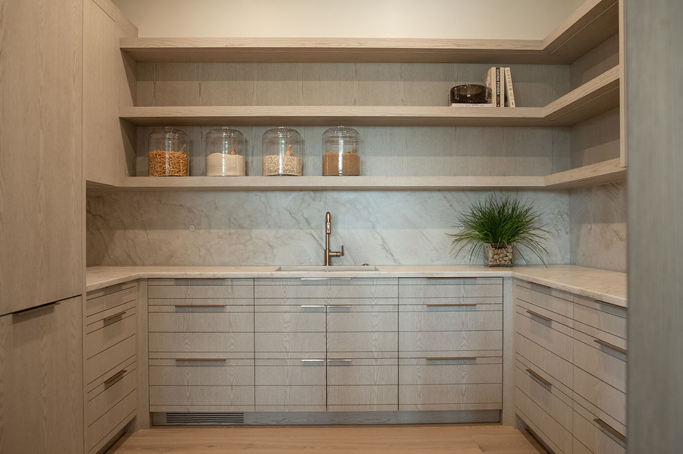 organic modern pantry with custom doors, brass hardware and quartzite countertops by Laura Lien Interior Design