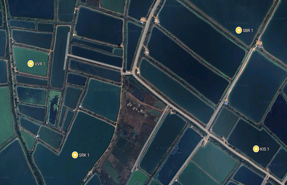 A satellite image view of four ARA farms—VVR 1, SKR 1, SBR 1, and KIS 1—participating in the study. Note that this image is representative and not from the actual technology we used.
