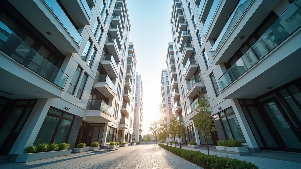 Eye-level view of a modern residential building managed by property services