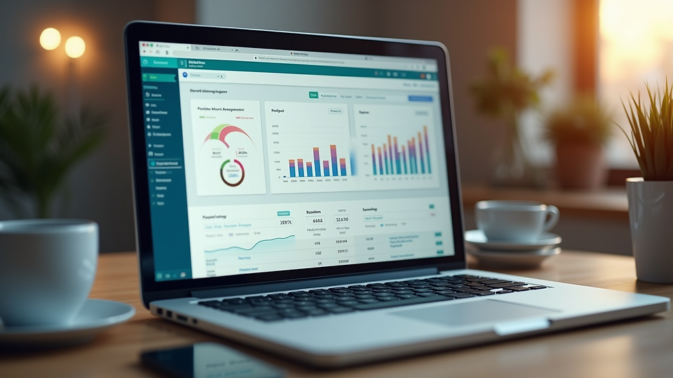 High angle view of a laptop screen showing property management software dashboard