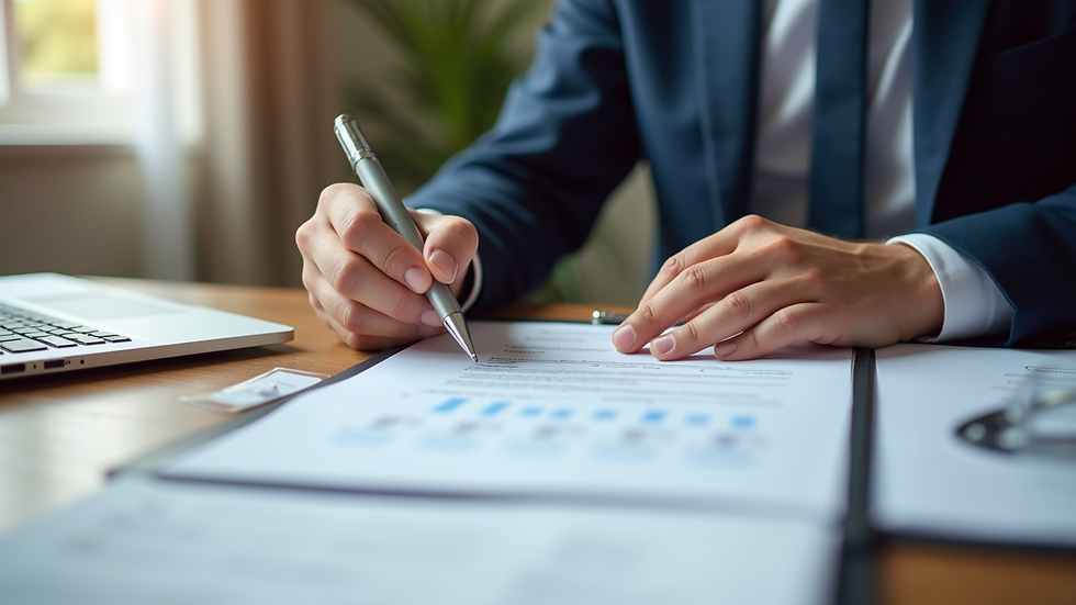 Close-up view of a property manager reviewing documents with a homeowner