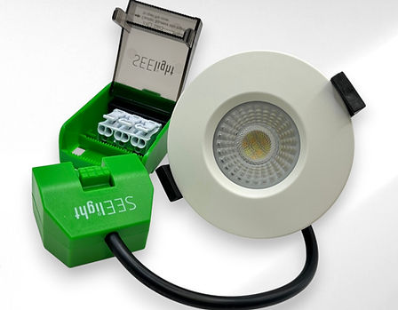 Downton Lite fire rated IP65 LED downlight, 39mm deep, white bezel, with first-fix plug-in connector