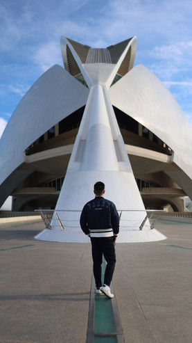 A person stands facing the futuristic, white architectural structure of the Palau de les Arts Reina Sofia in Valencia, under a blue sky.