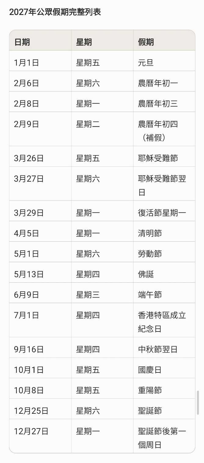 2027公眾假期完整列表