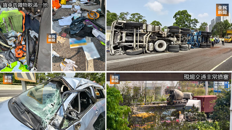 屯門龍富路貨車掟彎壓中私家車翻側　兩司機受傷送院