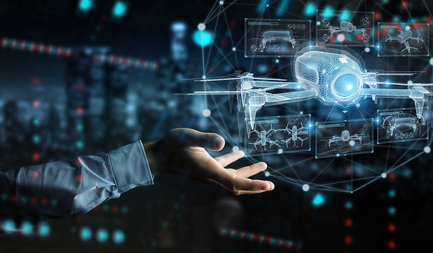 Businessman on dark background holding and touching holographic drone projection in his fi