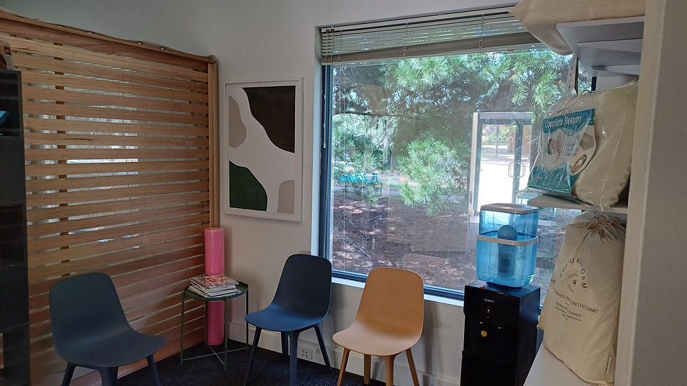 Waiting room with chairs, water cooler at Canberra wellness clinic in Montford Crescent Lyneham Canberra