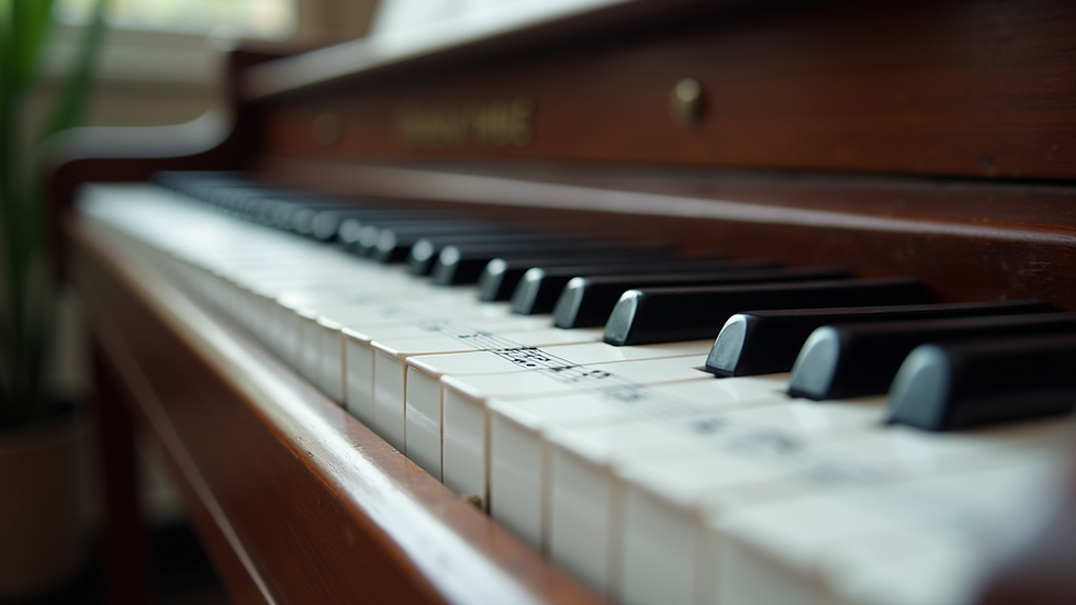 Wide angle view of a keyboard with sheets of music notes