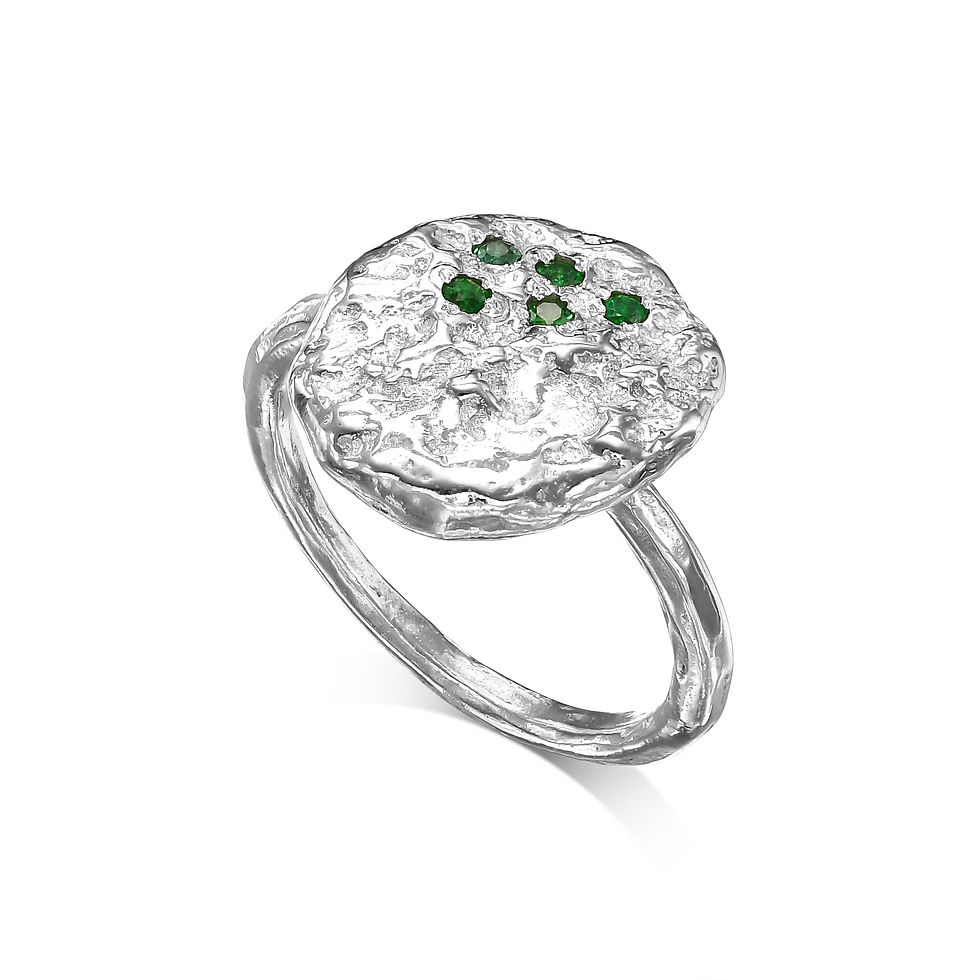 Thumbnail: Textured silver ring with green gemstones