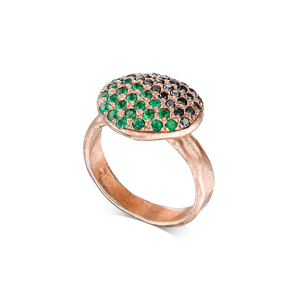 Thumbnail: Rose gold ring with emerald and black gemstones