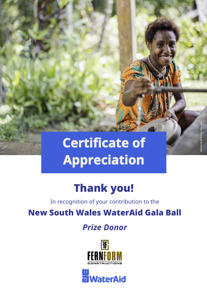 A certificate of appreciation for Ferform's support of NSW WaterAid