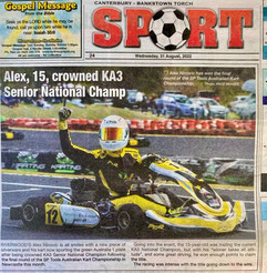 Alex Ninovic Canterbury Bankstown TORCH Newspaper article KA3 Senior Australian Karting Champion 2022