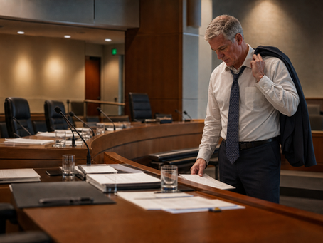 Tired city manager gathering documents in an empty council chamber after an evening meeting  The current alt text describes the old image and is no longer accurate.