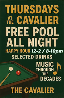 Thursday night free pool and happy hour at the cavalier kidderminster