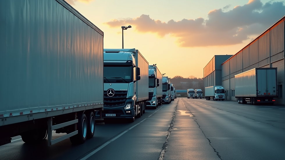 High angle view of delivery trucks lined up at a distribution centre