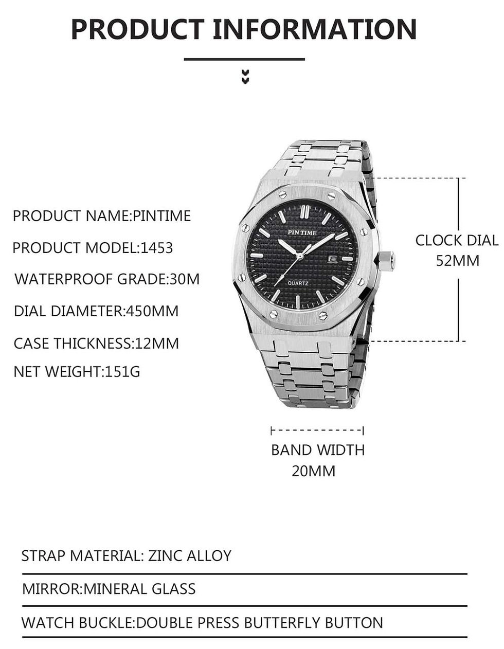 Thumbnail: PINTIME Men - 30M Waterproof - Solid Silver Stainless Steel Luxury  Watch