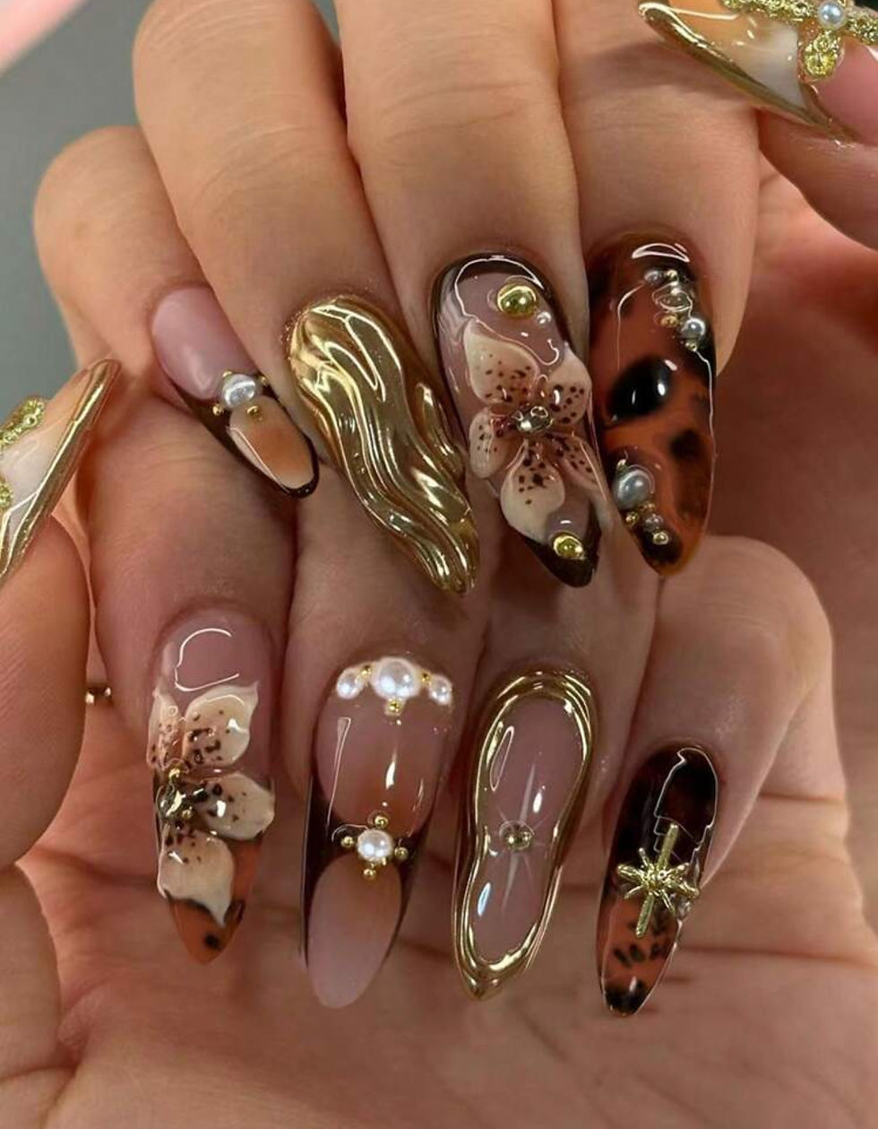 24Pcs Long Almond 3D Gel Nails -Flower Nail Design