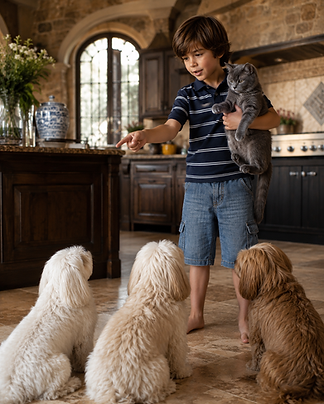 A depiction of Adam in the kitchen holding the pet cat in his arms while pointing at three dogs to behave