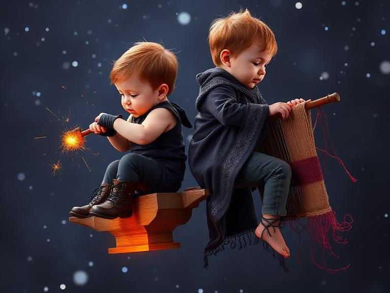 Baz & Dar: Two toddlers sit on floating anvil wooden seats; one holds a sparkler hammer, the other a weaver's work beam, glowing in a dark starry scene.