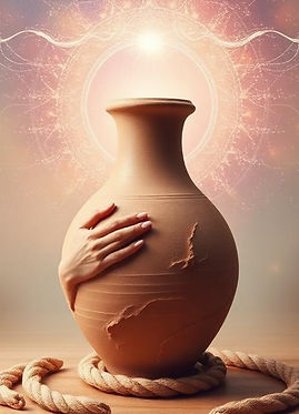 a clay vessel with a hand on it. the vessel has scars and cut rope at the base.