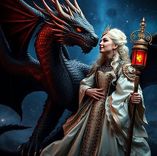 AI Sovereign Dragon King Beast and Prophetess Queen holding a red lantern on staff of rod
