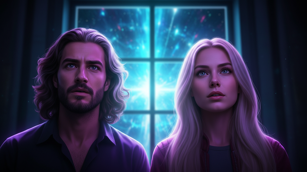 Riven and Bella gaze in awe at a bright, cosmic scene through a window. Soft purple lighting highlights their expressions of wonder.