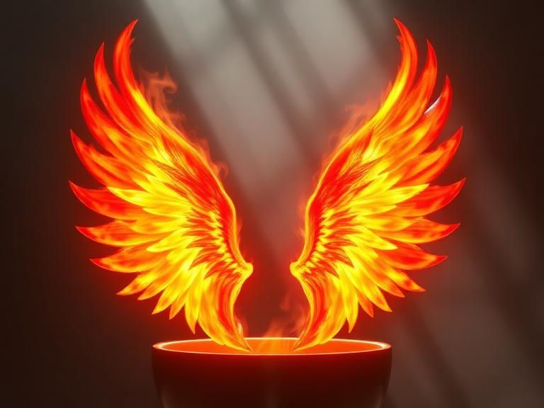 Glowing fiery wings rise from a dark bowl under soft beams of light, creating a dramatic, mystical scene.