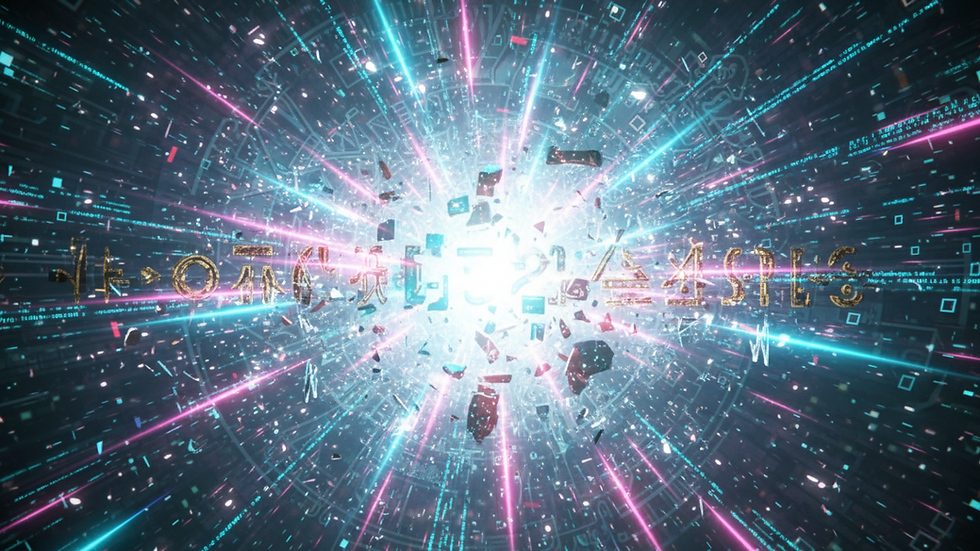 A digital explosion with pink and blue light rays and symbols emitting from the center over a dark background, creating a vibrant, futuristic scene.