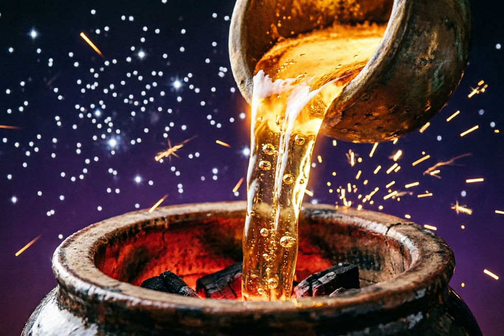 Golden liquid pours from a ladle into a glowing clay pot, with sparks and a starry purple background.