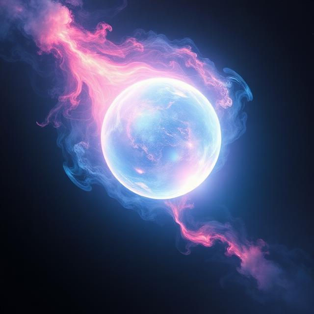 Glowing iridescent orb swirled by pink and blue smoke on a dark background, creating a dreamy cosmic feel.