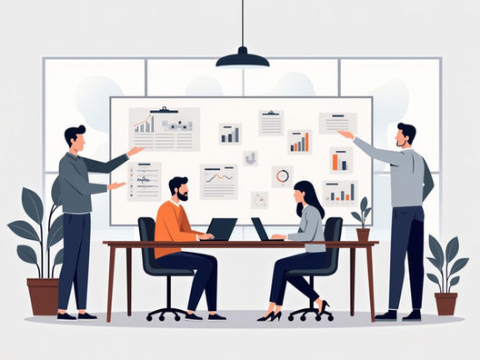 Ilustração corporativa plana mostrando uma equipe analisando fluxos de automação digital para captar novos filiados, com telas exibindo diagramas e gráficos, em um ambiente de escritório moderno e minimalista com cores azuis e brancas