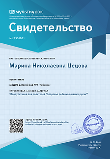 Свидетельство Консультация для родителей