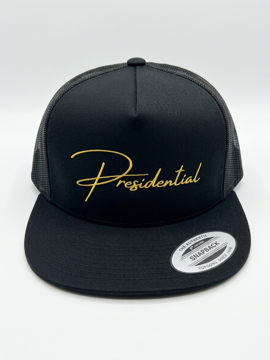 Presidential Cursive Trucker Snapback Hat Gold