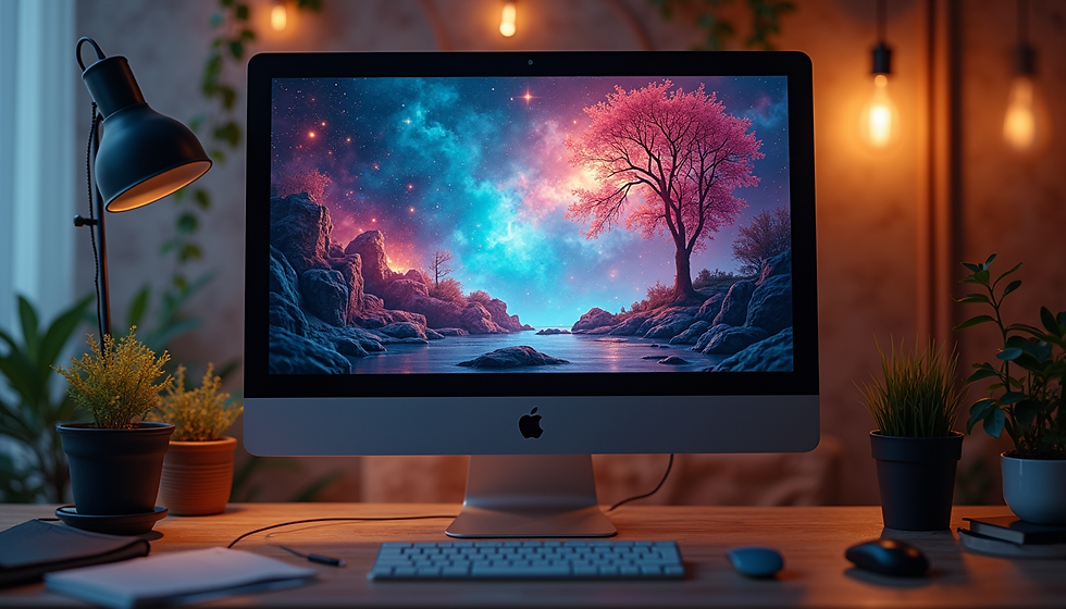 Eye-level view of a computer screen showing a book cover design interface with colorful fantasy elements