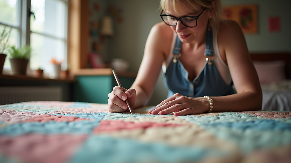 Eye-level view of a quilting instructor demonstrating techniques to her students
