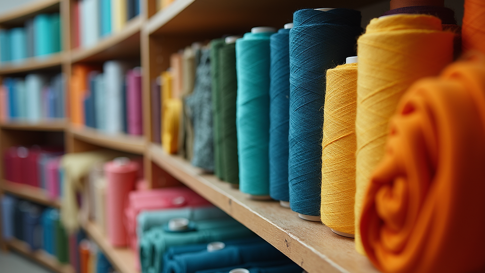 Close-up view of colorful quilting fabrics neatly arranged on shelves