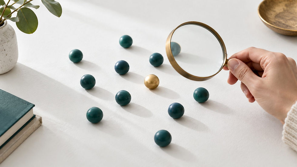 Conceptual illustration of teal counters surrounding one gold counter on a pale table.