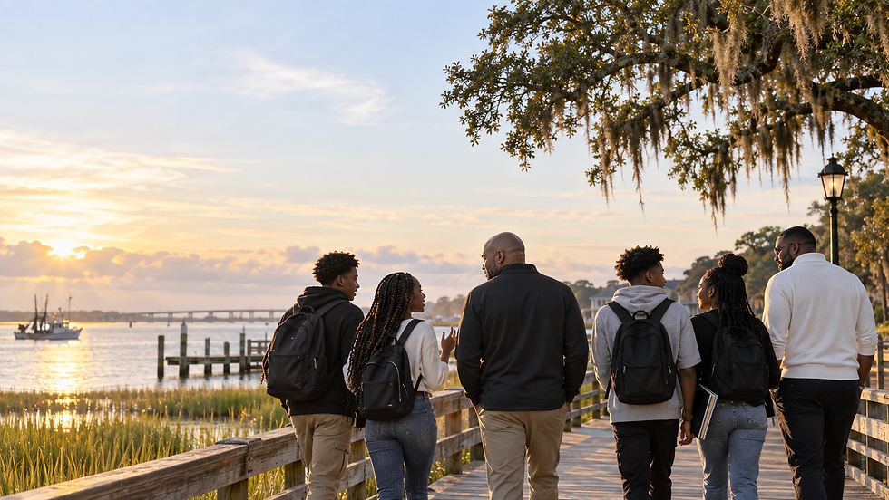 Editorial image of Black teenage girls and boys walking with Black male mentors along a coastal North Carolina boardwalk, representing guidance, education, leadership, and opportunity.