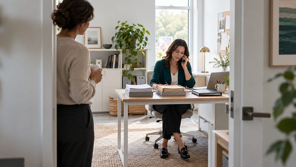 Illustrative office scene viewed through a doorway, with one colleague working and another pausing nearby.