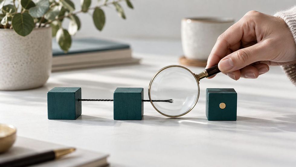 Conceptual illustration of teal argument blocks with a broken thread, examined through a magnifying glass.