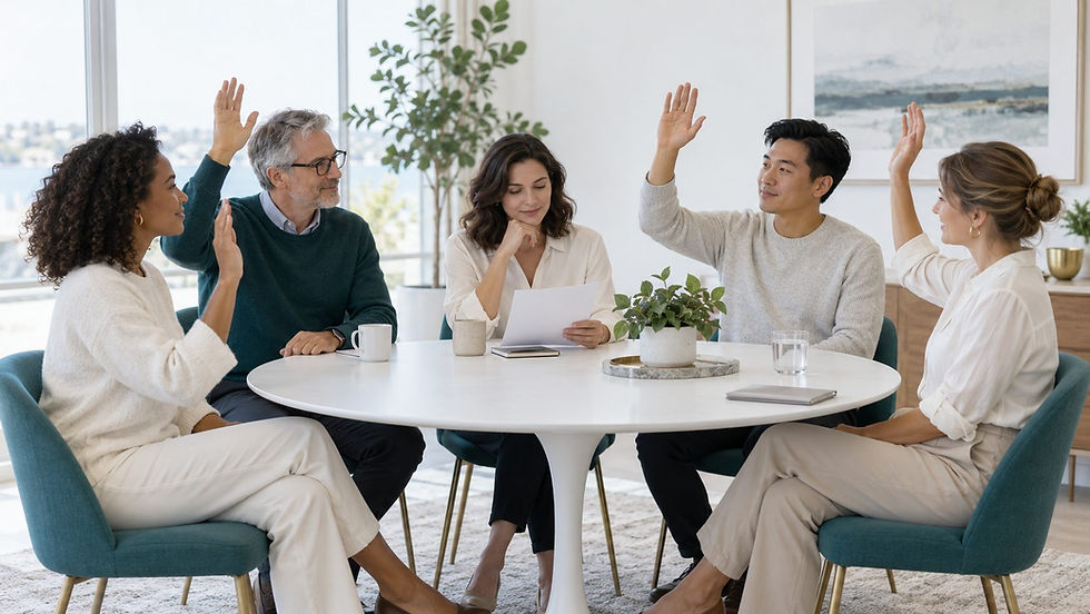 Illustrative meeting scene with colleagues raising their hands while one person reviews a document.