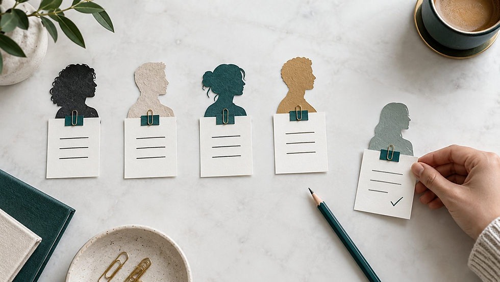 Conceptual illustration of different paper silhouettes receiving matching feedback cards, with one distinct card set apart.