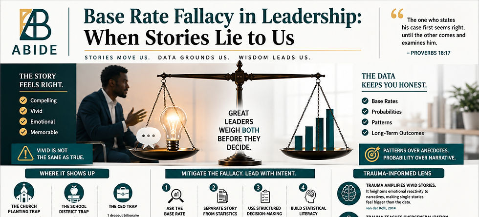 ABIDE-branded infographic titled “Base Rate Fallacy in Leadership: When Stories Lie to Us.” A balance scale compares a vivid leadership story with data, showing how stories can feel persuasive while base rates, probabilities, patterns, and long-term outcomes keep decisions grounded.