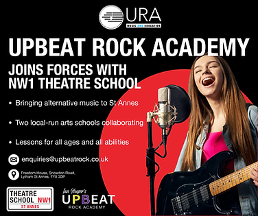 Image features a girl playing guitar and singing with the caption 'Upbeat Rock Academy joins forces with NW1 Theatre School'