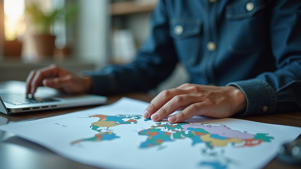 Eye-level view of a startup founder reviewing financial charts with a laptop and global map on the desk
