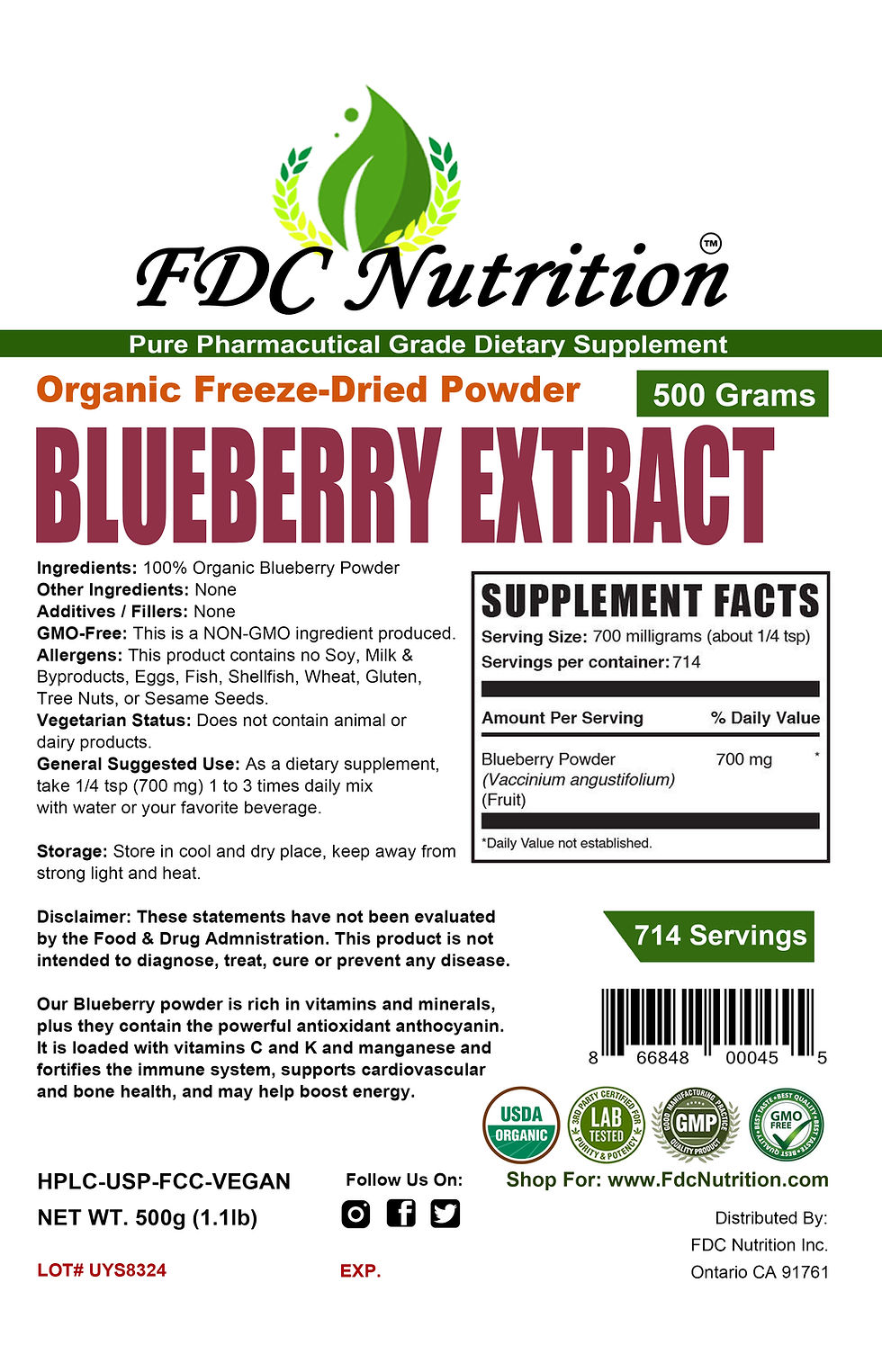 Thumbnail: Organic Blueberry Powder 17.6oz (500 Grams) - Pure, Gluten Free, Non-GMO