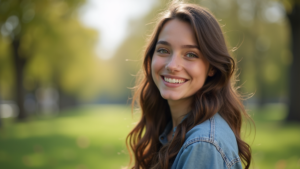 Eye-level view of a senior student posing in a park during a photography session